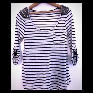 Embellished 3/4 Sleeve Striped Top
